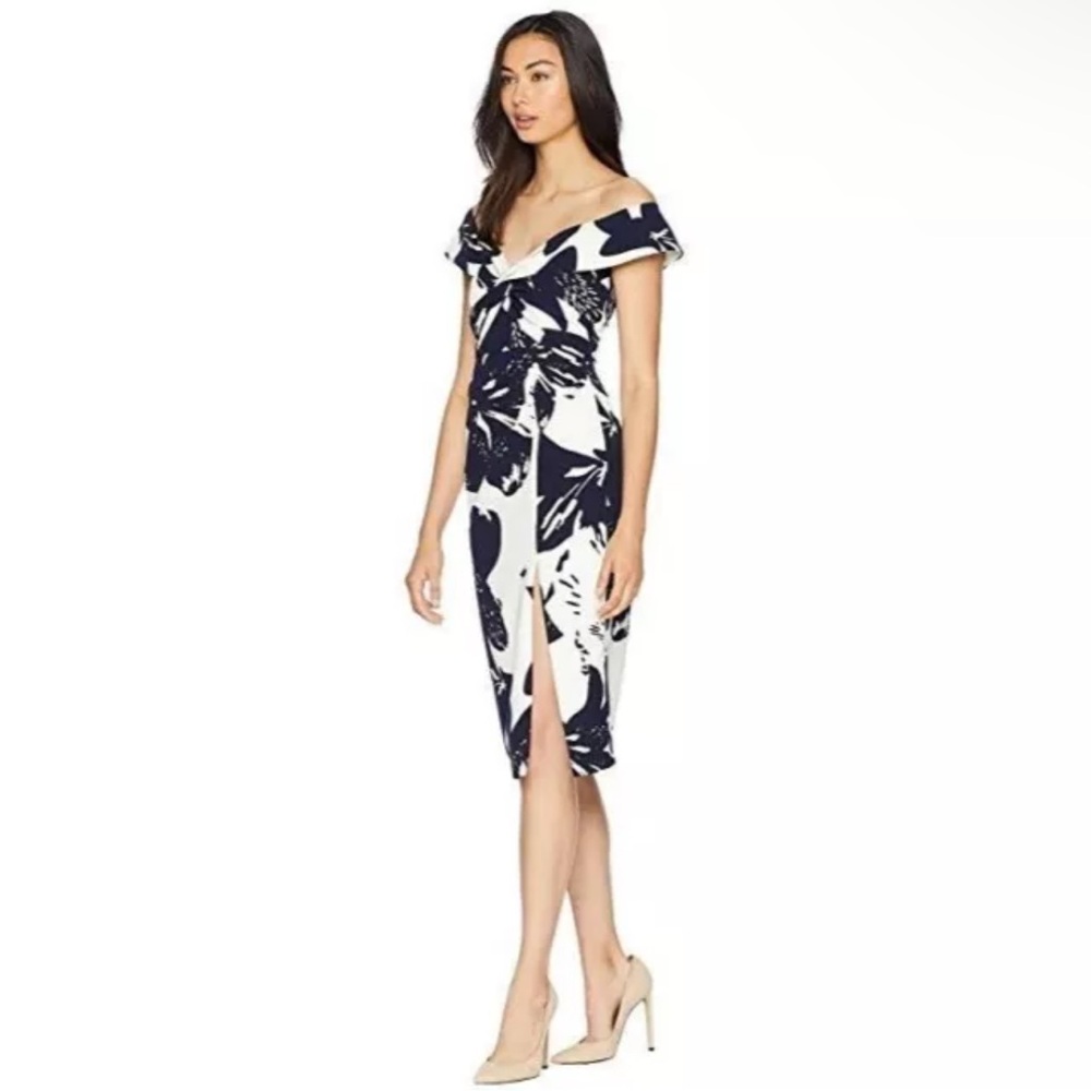 NWT Bardot Floral Camilla off the shoulder Sheath Navy White Midi Dress Size 10 - Picture 2 of 6